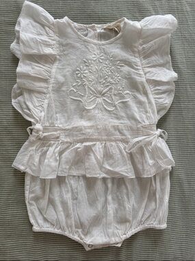 White Embroidered Baby Romper with Ruffle Details
